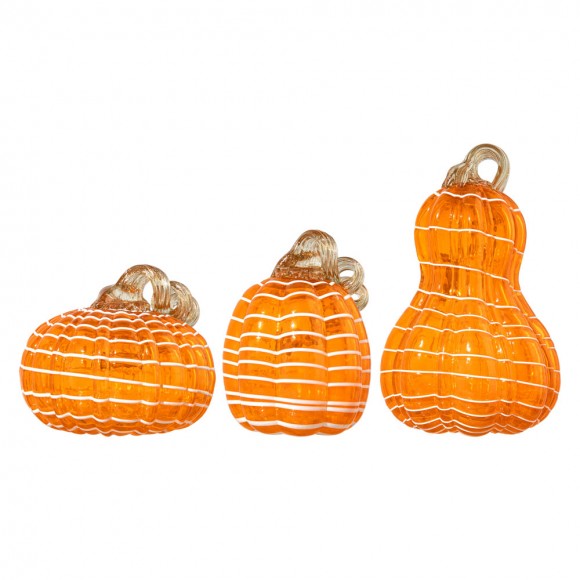 Glitzhome S/3 Orange/White Lines Glass Pumpkin & Gourd Decor