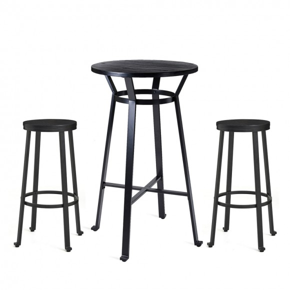 Glitzhome Set of 3 Black Steel Bar Table and Bar Stool Pub Set (1 Tabel+2 Stools)