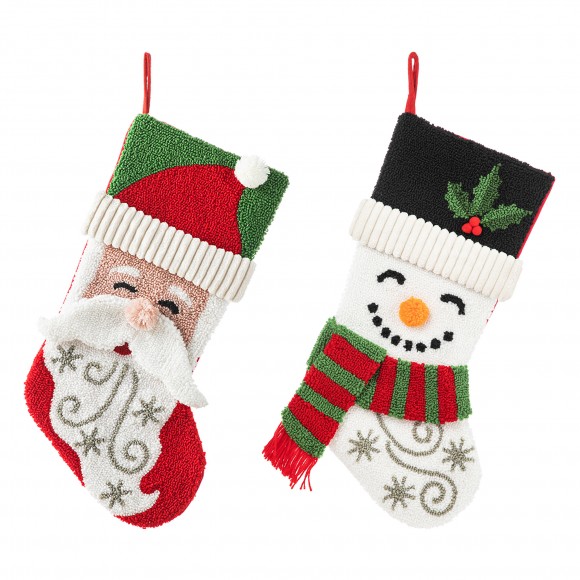 Glitzhome Set of 2 20.5"L Hooked Stocking, Santa & Snowman