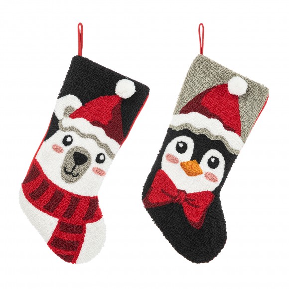 Glitzhome Set of 2 20.5"L Hooked Stocking, Polar Bear & Penguin