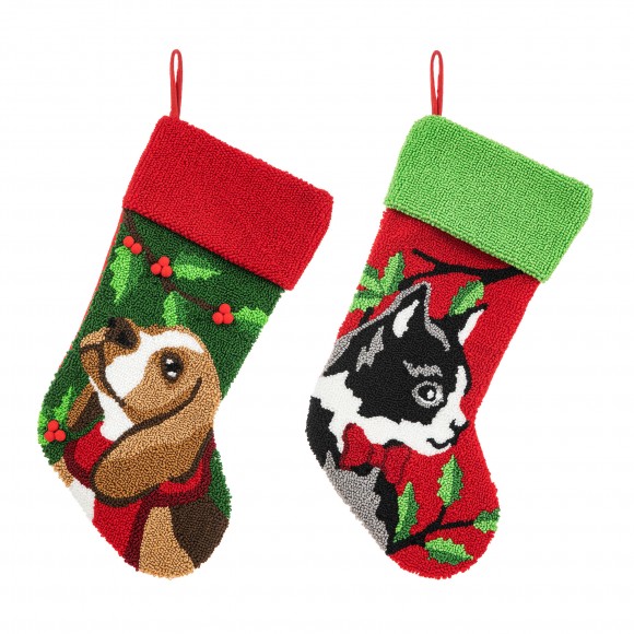 Glitzhome Set of 2 20.5"L Hooked Stocking, Dog & Cat