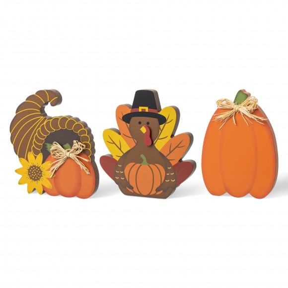 Glitzhome 7"H Set of 3 Thanksgiving Wooden Pumpkin, Turkey & Croissant Table Decor