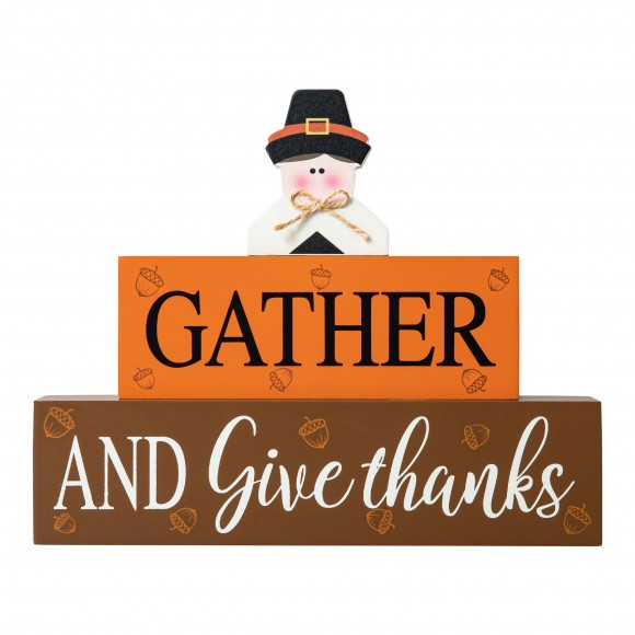 Glitzhome 9.5"L Thanksgiving Wooden Pilgrim Table Block Sign