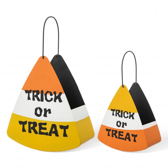 Glitzhome 13.75"H Set of 2 Halloween Metal Cutout Candy Corn Bucket