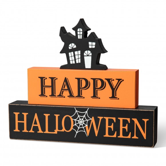 Glitzhome 9.5"L Happy Halloween Wooden Haunted House Block Sign