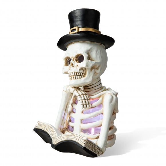 Glitzhome 10.25"H Halloween Lighted Resin Skull Reading Book Table Decor