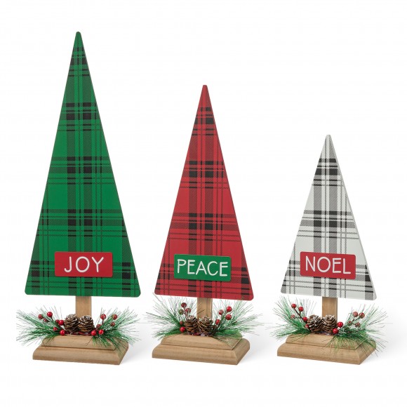 Glitzhome Set of 3 Wooden Christmas Plaid Table Tree