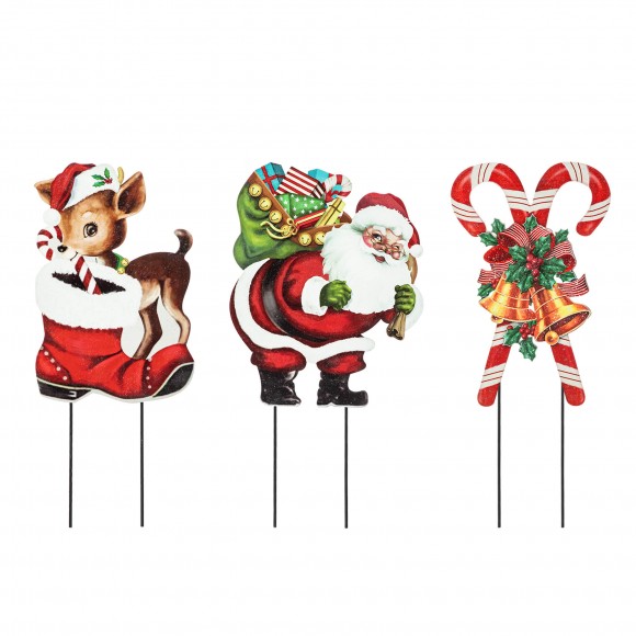 Glitzhome 24"H Set of 3 Metal Glitter Santa, Reindeer and Candy Cane Yard Stake