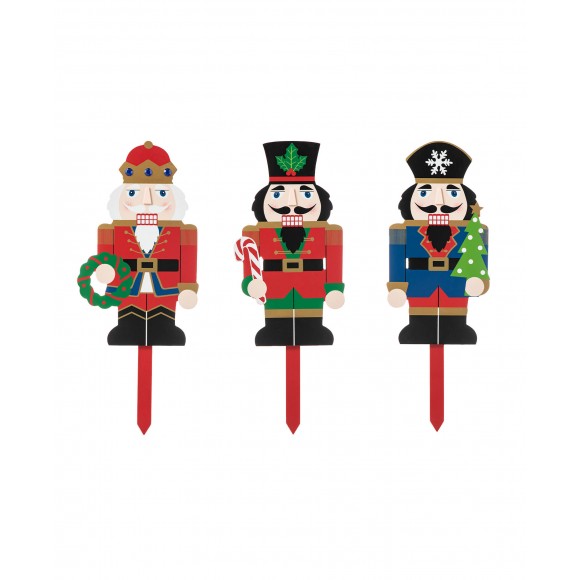 Glitzhome 20"H Wooden Nutcracker Yard Stake, Set of 3