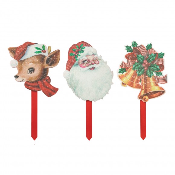 Glitzhome Set of 3 Wooden Glitter Santa, Bell and Reindeer Yard Stake