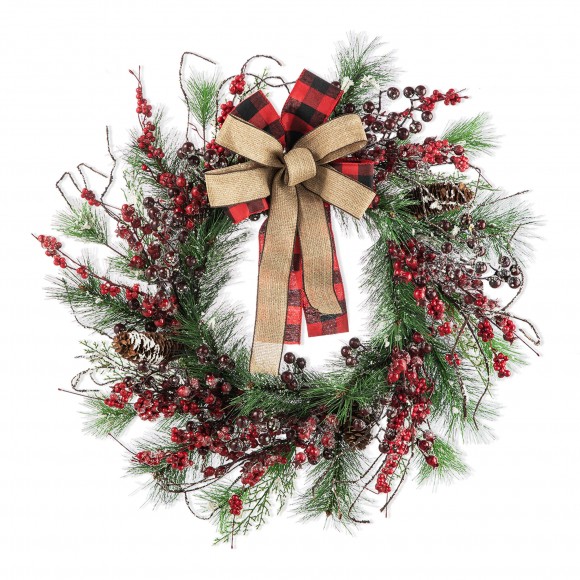 Glitzhome 24"D Frosted Berry, Pine with Bowknot Wreath