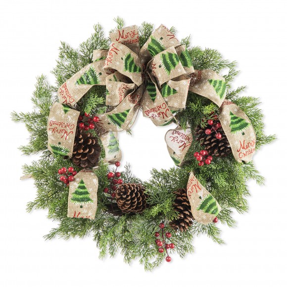 Glitzhome 24"D Cypress Leaves Pinecone With Bowknot Ribbon Wreath