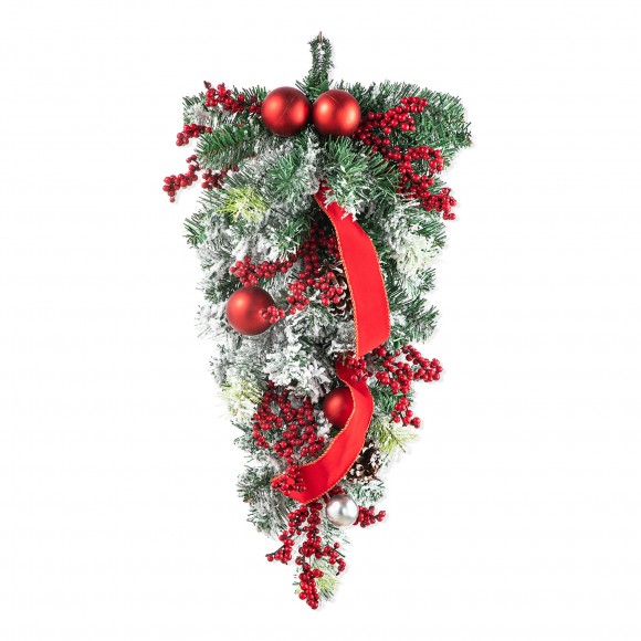 Glitzhome 25"H Flocked Berry, Ornament and Pinecone Ribbon Teardrop