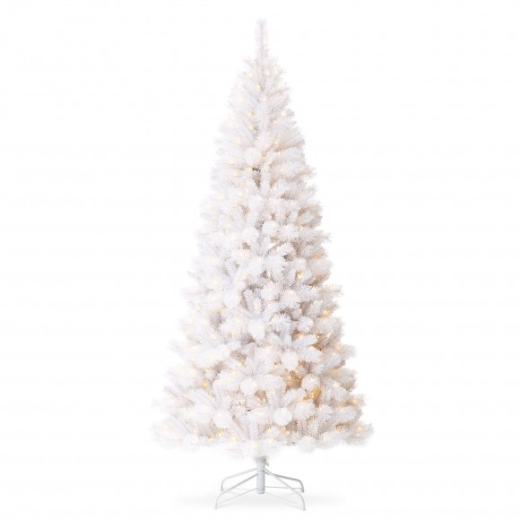 Glitzhome 8ft Pre-Lit White Pine Slim Artificial Christmas Tree with 500 Warm White Lights & Remote Controller