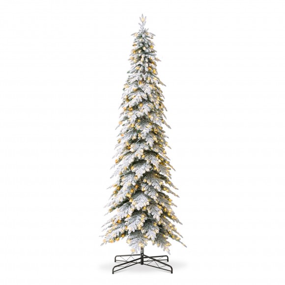 Glitzhome 11ft Pre-Lit Flocked Pencil Spruce Artificial Christmas Tree with 700 Warm White Lights