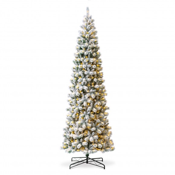 Glitzhome 11ft Pre-Lit Flocked Pencil Green Pine Artificial Christmas Pencil Tree with 700 LED Lights & Remote Controller, 9 Functional