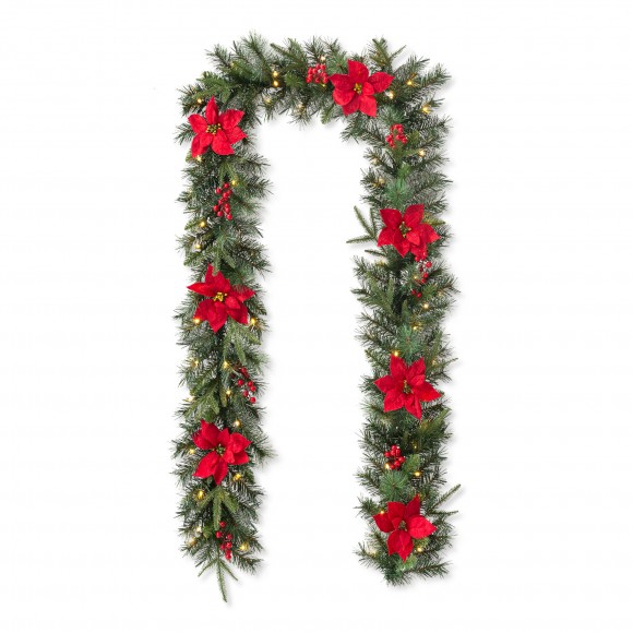 Glitzhome 9ft Pre-Lit Greenery Pine Poinsettia and Red Berries Christmas Garland with 70 Warm White Lights and Timer