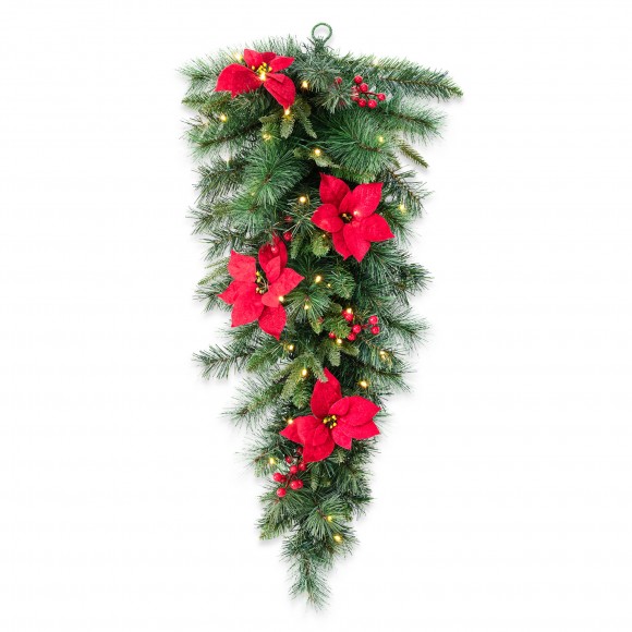 Glitzhome 3ft Pre-Lit Greenery Pine Poinsettia and Red Berries Christmas Teardrop Swag with 50 Warm White Lights and Timer