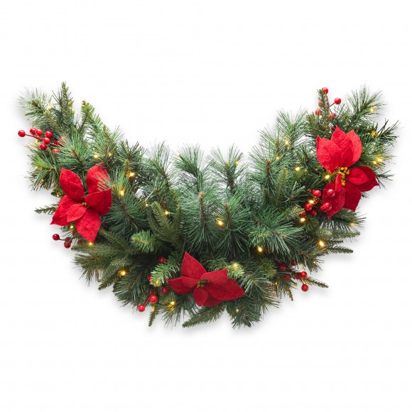 Glitzhome 3ft Pre-Lit Greenery Pine Poinsettia and Red Berries Christmas Swag with 50 Warm White Lights and Timer