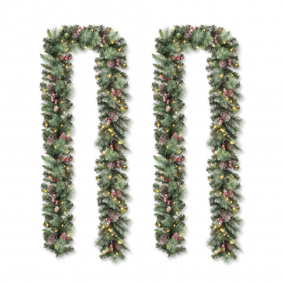 Glitzhome 2PK 6FT Glittered Pinecones and Berries Christmas Garland With 50 Warm White Lights and Timer