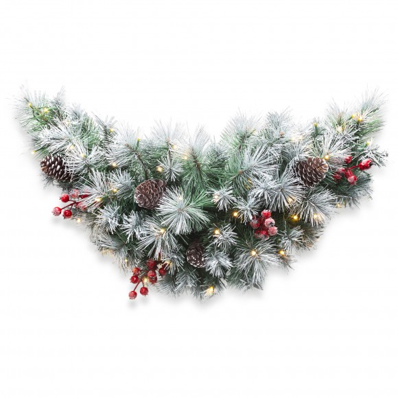 Glitzhome 3FT Pre-Lit Pinecones and Red Berries Artificial Christmas Swag With 50 Warm White Lights and Timer