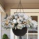 Glitzhome 24"D Pre-Lit Snow Flocked Christmas Artificial Pine Poinsettia Hanging Basket with 50 Warm White Lights and Timer