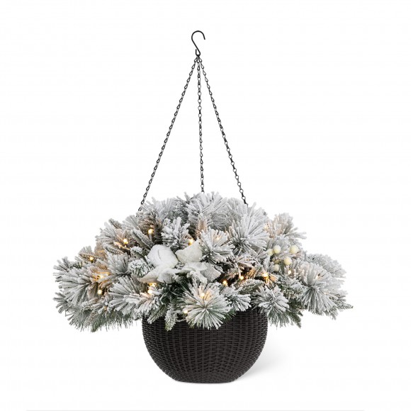 Glitzhome 24"D Pre-Lit Snow Flocked Christmas Artificial Pine Poinsettia Hanging Basket with 50 Warm White Lights and Timer