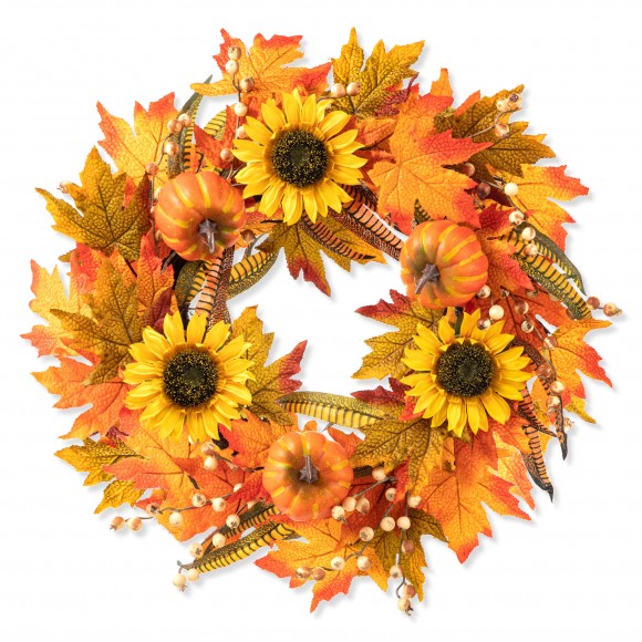 Glitzhome 24"D Fall Sunflower Pumpkin Leaf Wreath