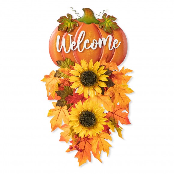 Glitzhome 22.5"H Fall Metal Pumpkin & Sunflower Swag Wall Decor