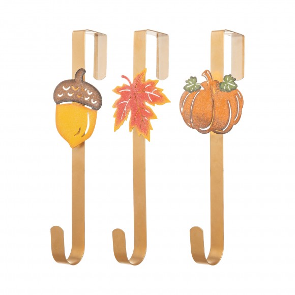 Glitzhome 14"H Set of 3 Fall Metal Glitter Acorn, Leaf & Pumpkin Wreath Hanger