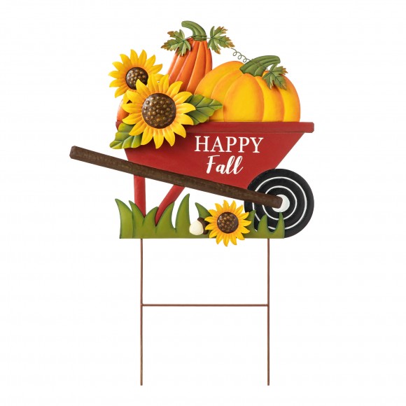 Glitzhome 30"H Fall Metal Wheel Barrow Pumpkin Yard Stake