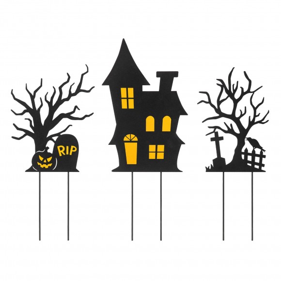 Glitzhome 24"H Set of 3 Halloween Metal Silhouette Haunted House and Ghost Tree Yard Stake or Hanging Decor (Two function)