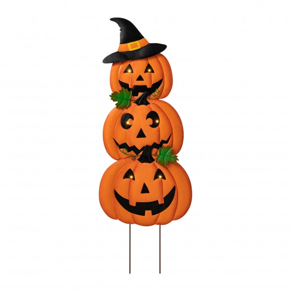 Glitzhome 39.75"H Set of 3 Halloween Lighted Metal Stacked Jack-O-Lantern Yard Stake or Hanging Decor (Two function)