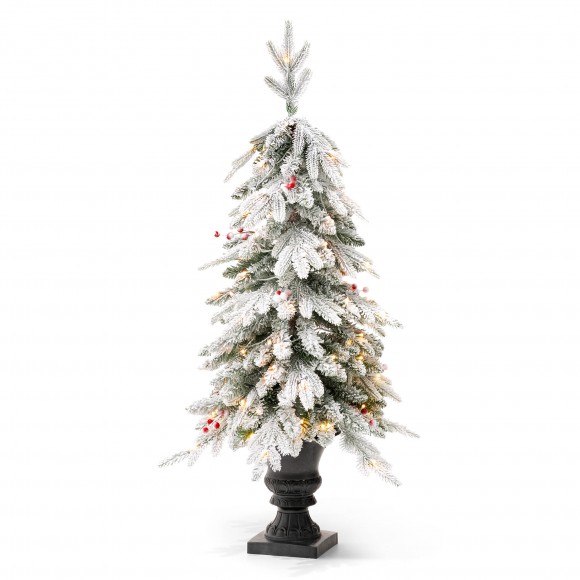 Glitzhome 4FT Pre-Lit Flocked Fir Artificial Christmas Porch Tree with 100 Warm White Lights and Red Berries