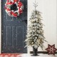 Glitzhome 5FT Pre-Lit Flocked Fir Artificial Christmas Porch Tree with 150 Warm White Lights and Red Berries