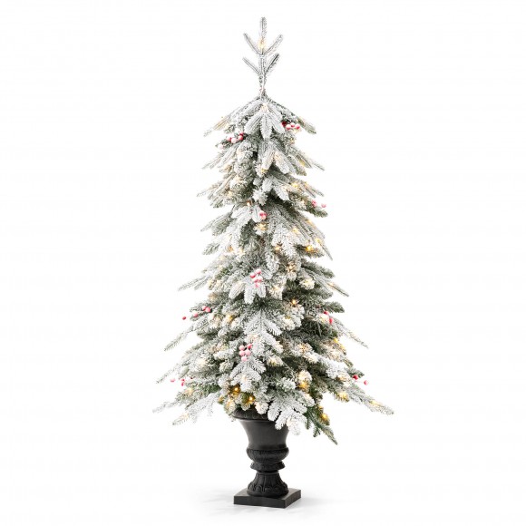 Glitzhome 5FT Pre-Lit Flocked Fir Artificial Christmas Porch Tree with 150 Warm White Lights and Red Berries