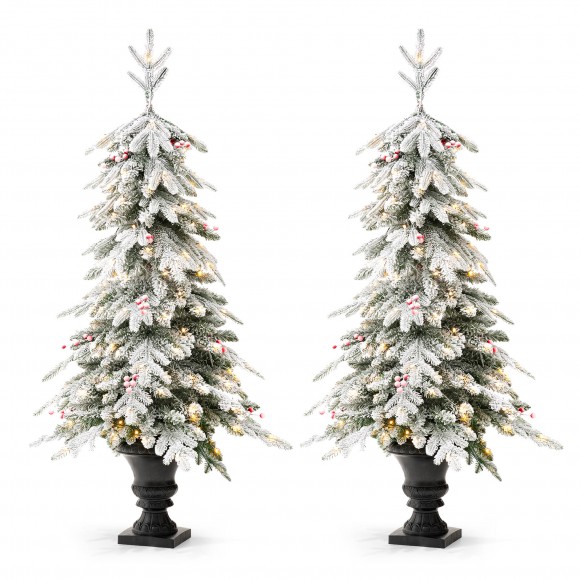 Glitzhome 2PK 5FT Pre-Lit Flocked Fir Artificial Christmas Porch Tree with 150 Warm White Lights and Red Berries