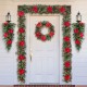 Glitzhome 2PK 9ft Pre-Lit Greenery Pine Poinsettia and Red Berries Christmas Garland, with 70 Warm White Lights and Timer