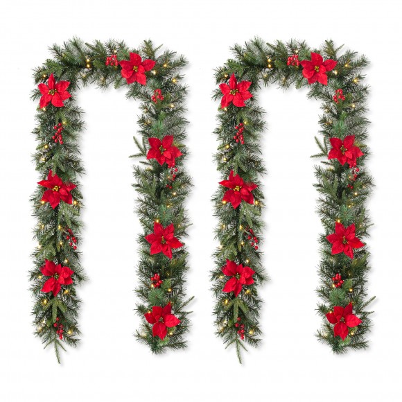 Glitzhome 2PK 9ft Pre-Lit Greenery Pine Poinsettia and Red Berries Christmas Garland, with 70 Warm White Lights and Timer