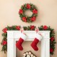 Glitzhome 2PK 9ft Pre-Lit Greenery Pine Poinsettia and Red Berries Christmas Garland, with 70 Warm White Lights and Timer