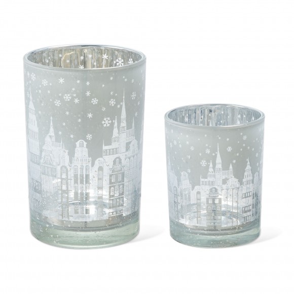 Glitzhome Set of 2 Christmas House Glass Votive/Pillar Candle Holders