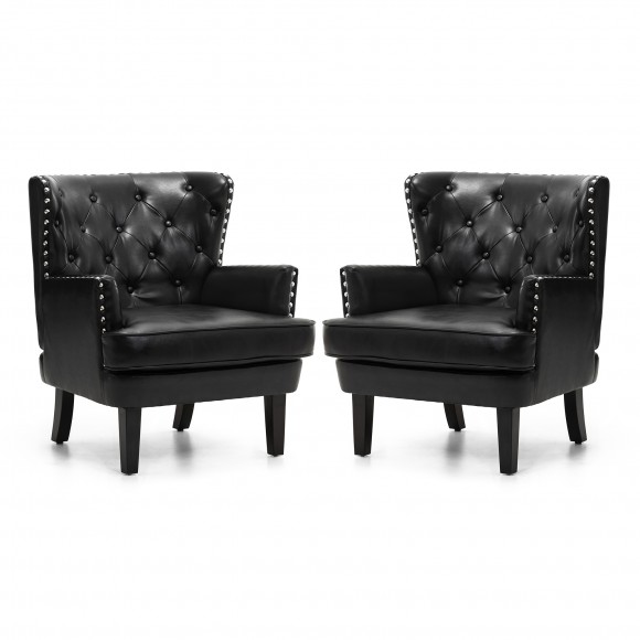 Glitzhome Set of 2 Mid-century modern Black Leatherette Button-tufted Accent Arm Chair