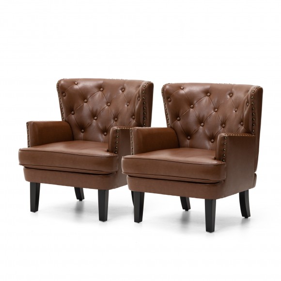 Glitzhome Set of 2 Mid-century modern Coffee Leatherette Button-tufted Accent Arm Chair