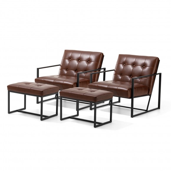 Glitzhome Set of 4 Modern Coffee Thick Leatherette Accent Chair Accent Stool 2 Chairs 2 Stools