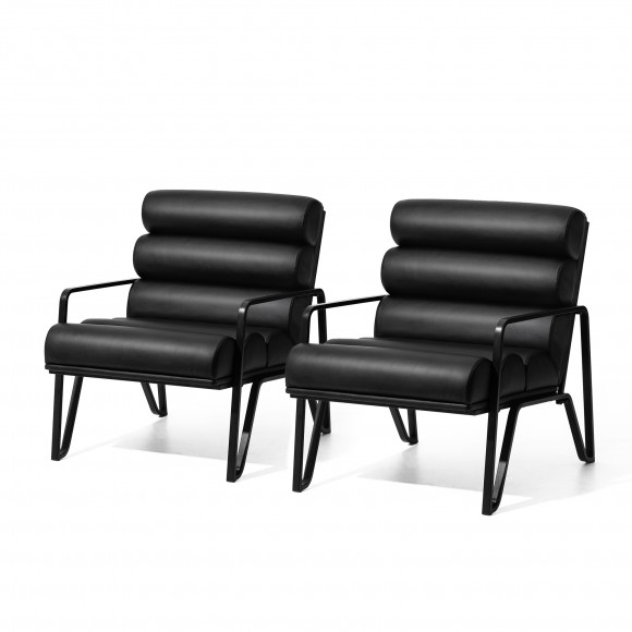 Glitzhome Set of 2 Modern Black Wavy Leatherette Accent Arm Chair with Black Metal Frame