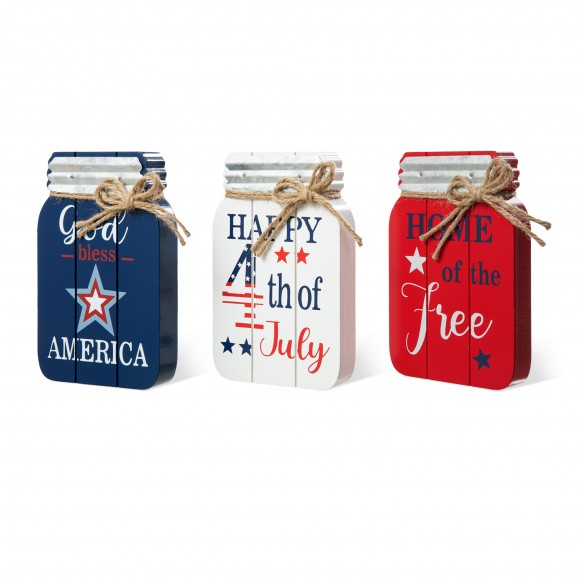 Glitzhome 7"H Set of 3 Patriotic Americana Wooden Mason Jar Table Decor