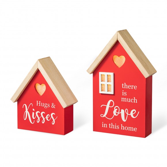 Glitzhome Set of 2 Lighted Valentine's Wooden House-shaped Table Decor
