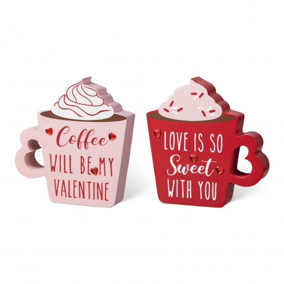 Glitzhome Set of 2 Wooden Valentine's Coffee Cup Table Decor