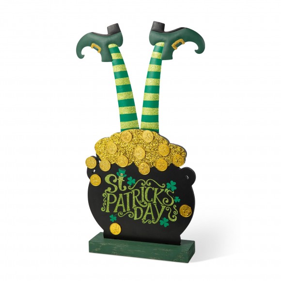 Glitzhome 24''H Wooden St. Patrick's Leprechaun Pot of Gold Porch Decor