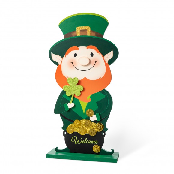 Glitzhome 23.5"H St.Patrick's Wooden Leprechaun Pot of Gold Porch decor